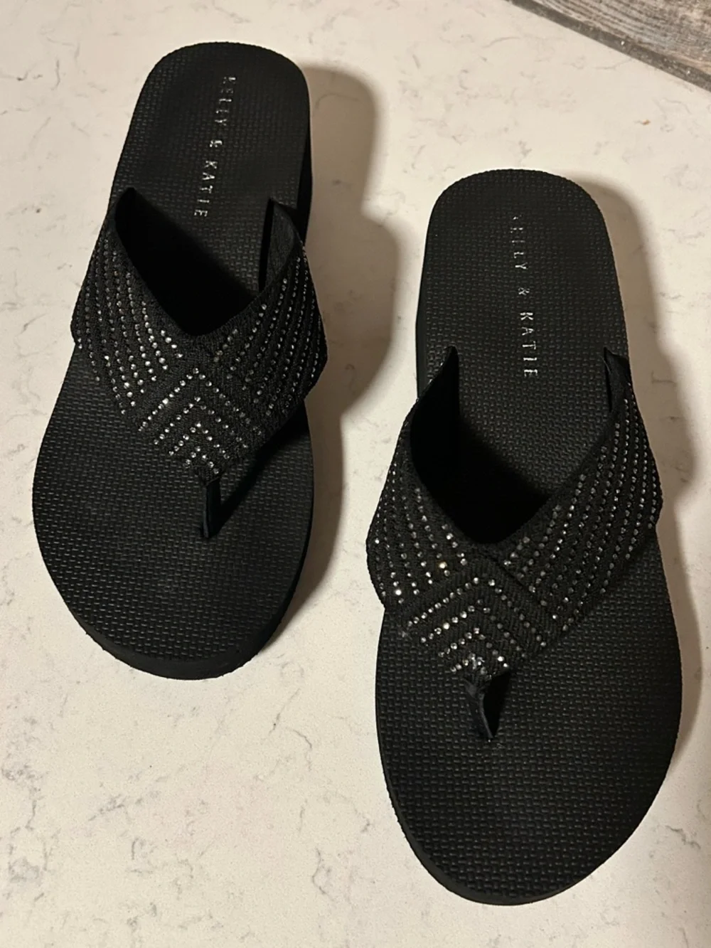 Kelly & Katie Black Wedge Flip Flop Thong Platform Sandal with Rhinestone Accent - Picture 5 of 16